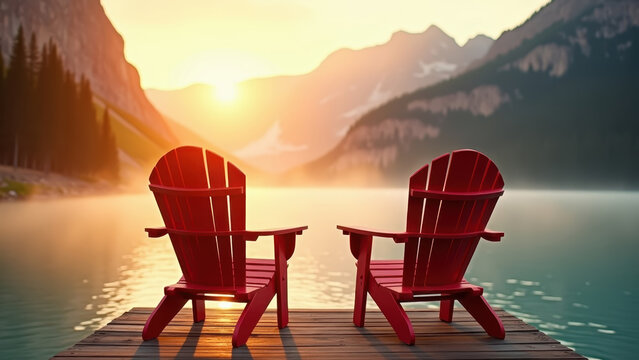 Vivid red Adirondack chairs on misty dock over turquoise Canadian lake at sunrise, golden bokeh, Canada Day lifestyle stock.