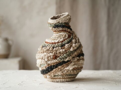 Artistic Woven Vase with Neutral and Earth Tones on White Tabletop
