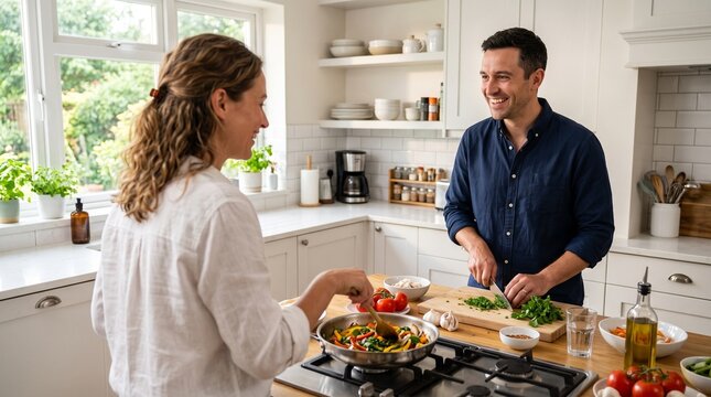 Couple happily cooking healthy vegetables together in a bright modern kitchen