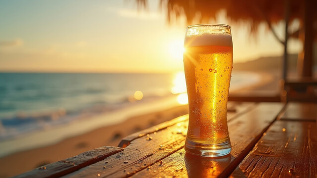 Cold beer bottle with condensation drops on wooden beach bar, golden bokeh ocean