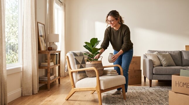 Woman arranging a fiddle leaf fig plant in a basket on a chair in a new home with moving boxes