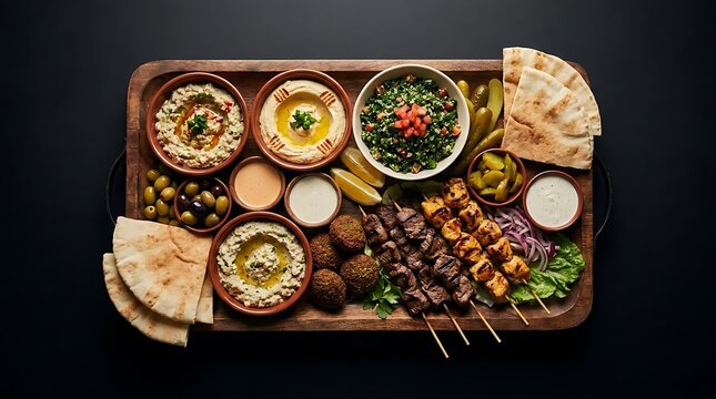 Middle Eastern appetizer platter with hummus and skewers.