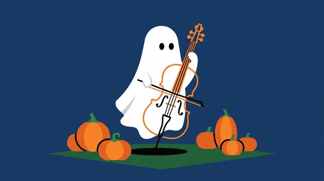 Minimalist 2D flat vector illustration of a cute spooky ghost playing a cello surrounded by orange pumpkins on a dark blue background for a Halloween concept