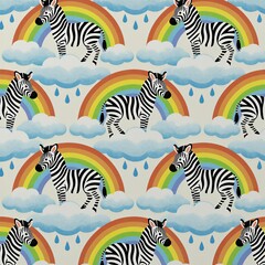 Obraz premium Seamless pattern features cute cartoon zebras with rainbows, fluffy clouds on light background. Repeating nursery design displays colorful arch shapes plus soft blue rain droplets. Whimsical animal