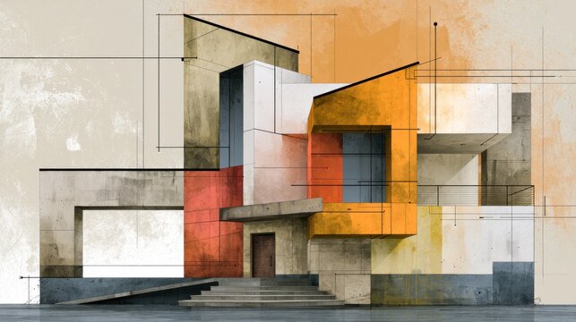 A modern, abstract architectural design with geometric shapes and a mix of colors, set against a textured, grungy background.