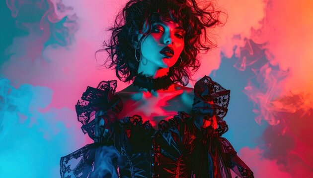 Dramatic portrait of a woman in gothic attire with vivid neon smoke and contrasting red and blue lighting, evoking a mysterious and edgy atmosphere.