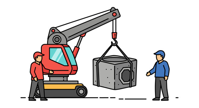 Construction workers lifting concrete block using mobile crane.