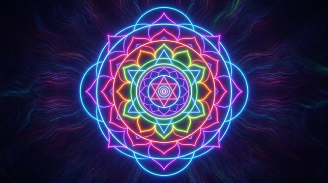 Neon mandala pattern vibrant circular design for modern digital art and decor