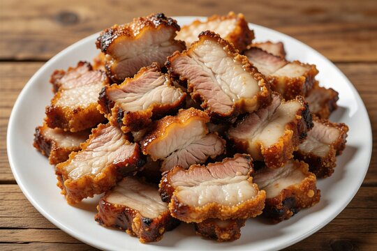 Pile of crispy fried pork belly pieces served on white plate. Fresh Lechon Kawali rests on rustic wooden table. Traditional Filipino food dish features golden brown skin with tender meat texture.