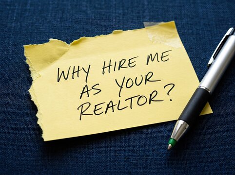 Real Estate Agent Concept, handwritten note asking 'Why hire me as your realtor?' next to a pen on a textured blue background, symbolizing trust and professional service.