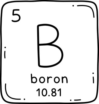 Boron periodic table element with atomic number 5, symbol B and atomic mass 10.81.