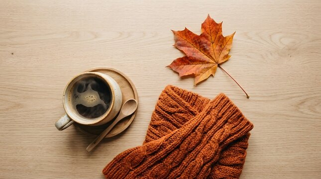 Autumn flat lay with coffee and scarf. Cozy fall season background with maple leaf.