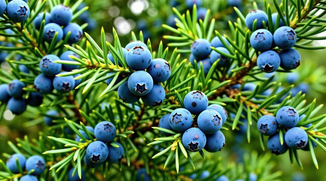 Close up of ripe blue juniper berries growing on a green pine branch. The tiny fruits have a star shape imprint on their surface. Needles are sharp and green.