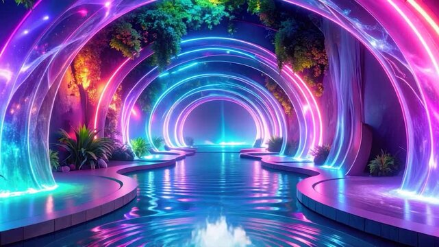 Neon-lit futuristic garden with water features, archways, and lush foliage