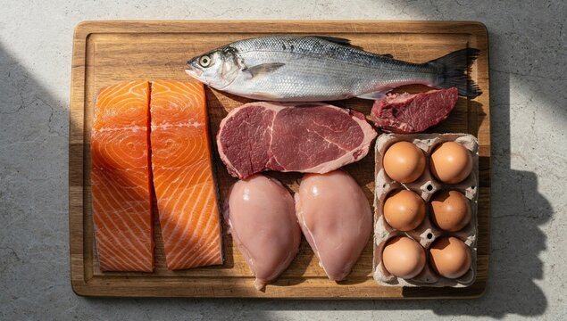 Top View of High Protein Diet Ingredients Including Chicken Breast, Beef Steak, Salmon, Fish, and Eggs