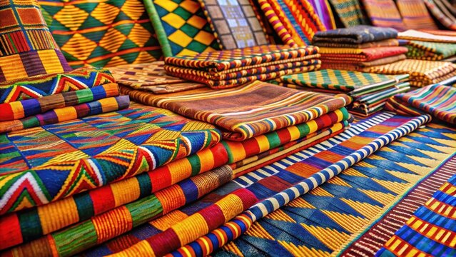 Vibrant kente cloth swaths spilled across a wooden display board flaunting intricate patterns and bold colours