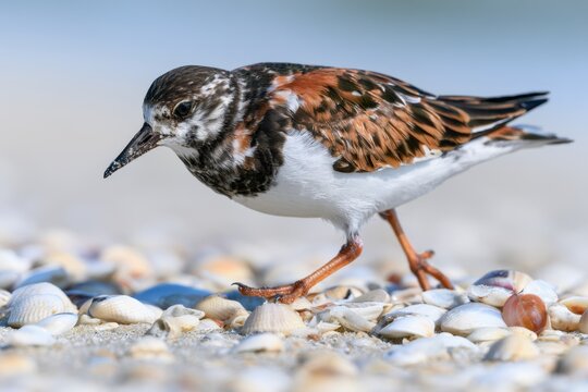 Little Ruddy Turnstone Bird Foraging on a Sunny Seashell Beach Scene
