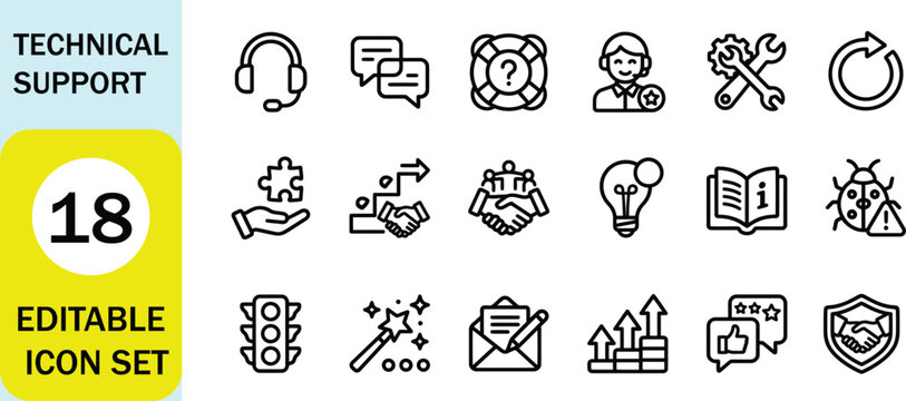 Technical Support Line Icon Set. Customer Service, Help Desk, Troubleshooting, Live Chat, Maintenance, Bug Fix, Knowledge Base, Feedback. Editable Stroke Vector Illustration.