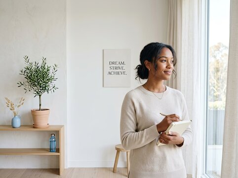 Young woman holding notebook and pen, looking out window, thoughtful planning Concept, symbolizing aspiration and goal setting in a bright, minimalist room.