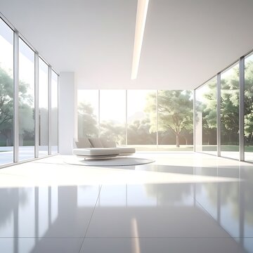 Modern minimalist interior with large windows.