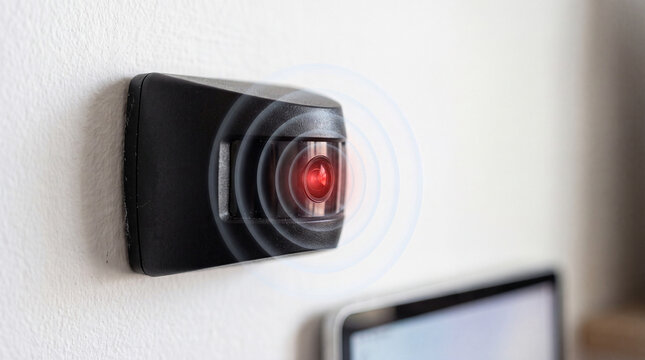 infrared motion sensor, black device, white wall, smart surveillance, detection rings, IoT security, home safety, futuristic technology, security system, sensor, automation