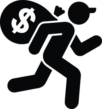 Thief running with money bag silhouette icon bank robber crime vector sign