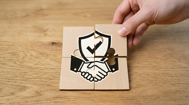 Hand placing wooden puzzle piece with handshake with complete graphic handshake handshake shield table close up cooperation partnership protection