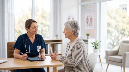 Fototapeta premium Doctor Consults with Elderly Patient in Modern Clinic Office Discussing Health on Tablet