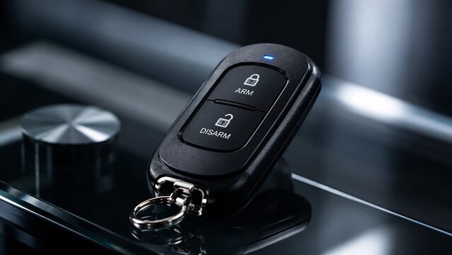 Macro photography of a sleek black smart security alarm key fob with arm and disarm buttons