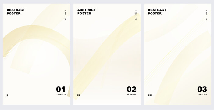 Set of three abstract posters with minimalist yellow curved lines and geometric shapes. Vector illustration.