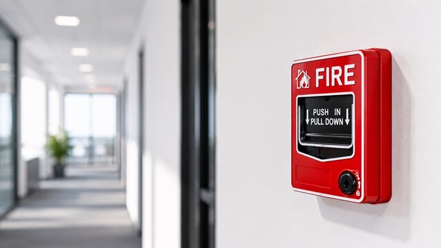 Red manual fire alarm pull station mounted on a white office corridor wall