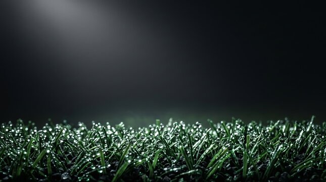 Artificial football grass with dew under stadium lights at night