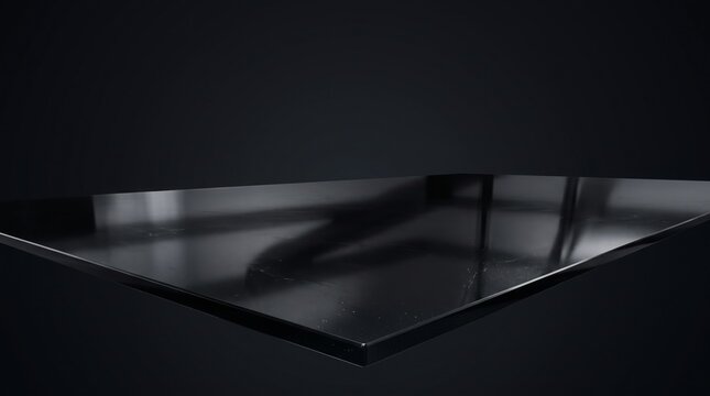 Black glossy platform podium with dark background and copy space