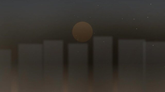 Clear sky over city gradually fills with smog. Skyline becomes obscured by haze