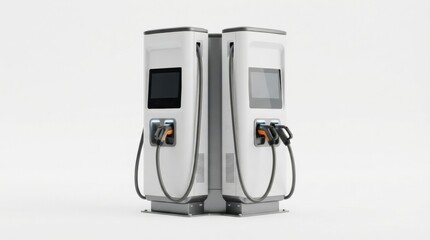 Fototapeta premium A modern electric vehicle charging station featuring two chargers. It is designed for quick and efficient charging of electric cars.