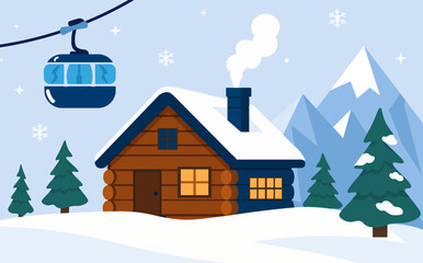 Cozy winter cabin in snowy mountains with cable car gondola lift, pine trees and falling snow. Flat vector illustration for Christmas holiday season design. © Inai