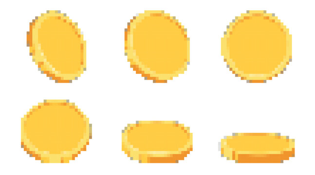 A set of pixel art gold coins. A set of single coins in different projections and perspectives in the retro game style