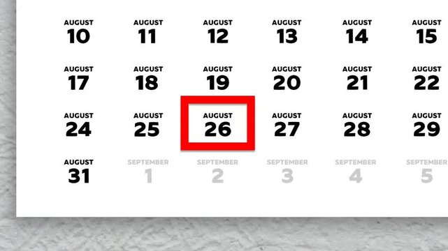 Red cursor highlighting August 26th on a 2026 wall calendar page