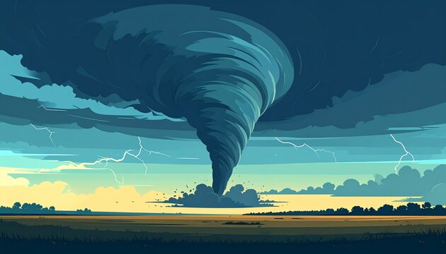 Dramatic tornado forming over rural landscape at dusk.