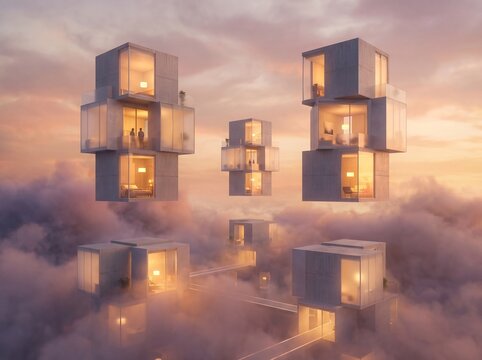 Impossible Floating Cube House Architecture with Warm Window Glow at Sunset
