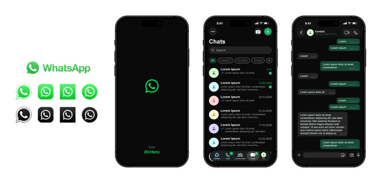 WhatsApp Meta UI Template 2026 Update in dark mode. WhatsApp logo.