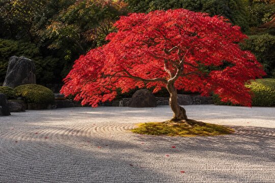 Red maple tree over raked gravel zen garden autumn Japan tranquil