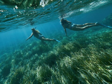 Two women explore underwater marine grass beds on a sunny day vacation