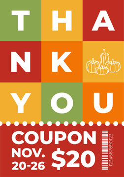 Autumn sale coupon, thank you banner with pumpkins and discount voucher