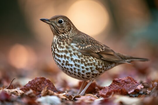 A beautiful song thrush bird stands amongst fallen autumn leaves outdoors