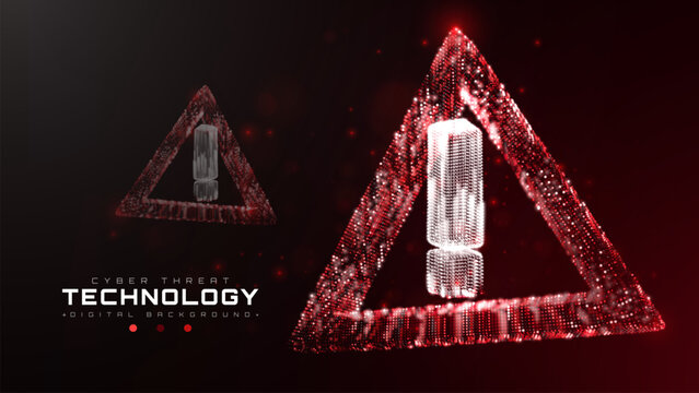 Futuristic Glowing Red Triangle Warning Sign And Exclamation Mark Particle Space Graphic Reveals Cyber Malware Virus Threat Idea Providing Advanced Computer Network Protection System.
