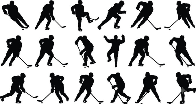 Black silhouettes of ice hockey players in various poses with sticks and pucks white background