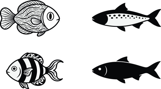 Black and White Fish Icon Collection with Striped Ornate and Silhouette Elements for Seafood Restaurant Logos Creative Menu Designs and Fishing Industry Branding