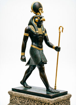 egyptian statuette of the god on ornate stone pedestal