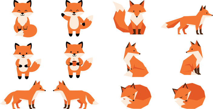 Cute Red Fox Character Vector Set Featuring Kawaii Cartoon and Low Poly Geometric Poses for Wildlife, Nature, Sticker, and Autumn Digital Media Designs